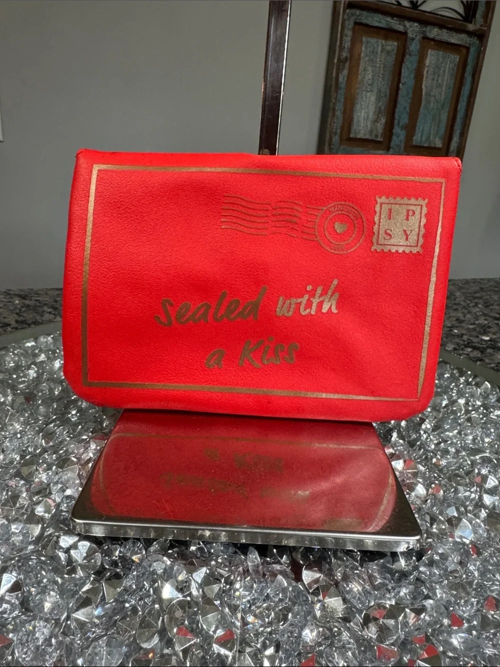 ipsy Red 'Sealed With a Kiss' Gold Lettering Cosmetic Bag